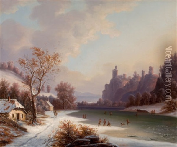 Ice Skating Scene Oil Painting - Gunther Hartwick