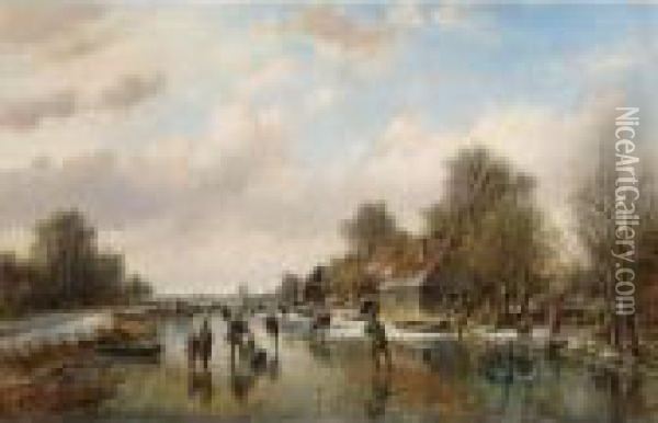 A Winter Landscape With Skaters On A Frozen Waterway Oil Painting - Willem Vester