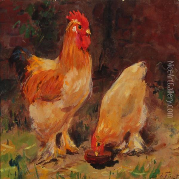 Cock And Hen Oil Painting - Julius Furst