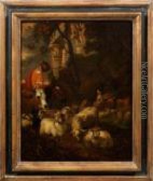 Rastende Hirten Vor Romischer Tempelruine Im Abendlicht Oil Painting - Nicolaes Berchem