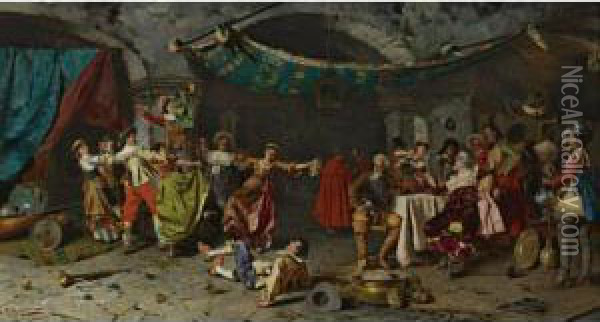 A Celebration In The Wine Cellar Oil Painting - Pompeo Massini