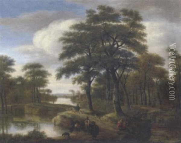 A Wooded River Landscape With Travellers On A Track Oil Painting - Pieter Jansz van Asch