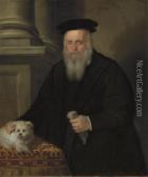 Portrait Of A Bearded Man In A Black Coat And Hat, His Dog On A Table Beside Oil Painting - Leandro Bassano