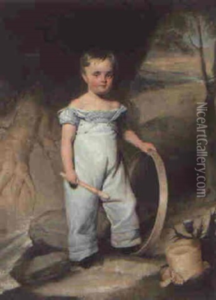 Portrait Of A Young Boy, Full-length, Holding A Hoop In A Landscape Oil Painting - William Henry Florio Hutchinson