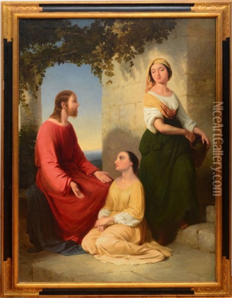 Christ And Two Maidens Oil Painting - John Gadsby Chapman