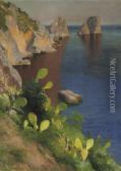 Cacty Along A Colourful Coastline, Capri Oil Painting - Paul von Spaun