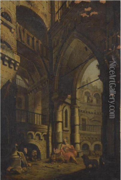 A Capriccio Of Classical Ruins With Daniel In The Lion's Den Oil Painting - Pietro Paltronieri Il Mirandolese