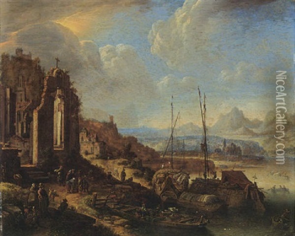 A Rhenish River Landscape Capriccio With Moored Boats, A Church Ruin, And A Castle Oil Painting - Herman Saftleven