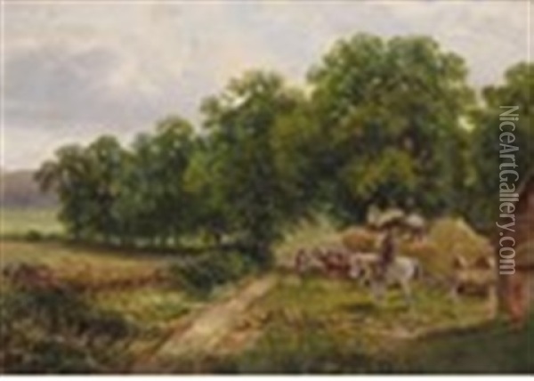 Pastoral Scene With Farm Hands Unloading Hay In A Farmyard Oil Painting - Edwin Young