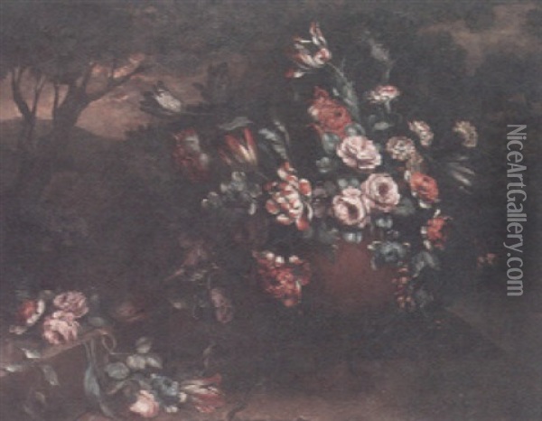 A Still Life With Roses, Tulips And Carnations In An Urn On A Ledge With A Landscape Beyond Oil Painting - Andrea Belvedere
