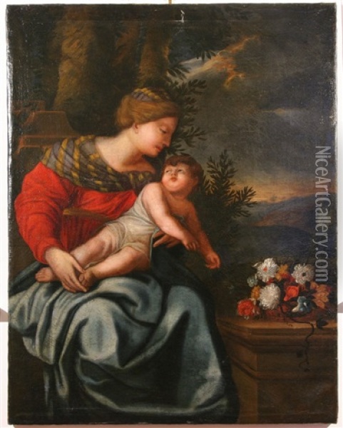 Seated Mother And Child With Flowers Oil Painting - Eustache Le Sueur