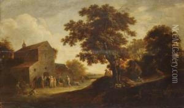 A Wooded Landscape With Peasants Gathered Outside A Church Oil Painting - Pieter de Bloot