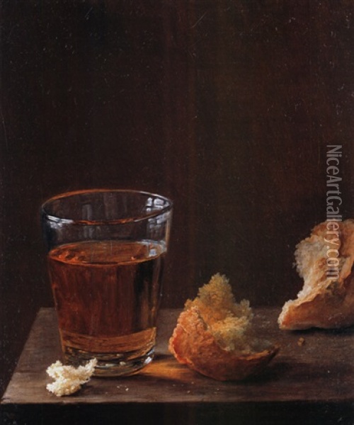 Glas Mit Weisswein Und Brot (+ Rotweinpokal Mit Maroni; Pair) Oil Painting - Balthazar Denner