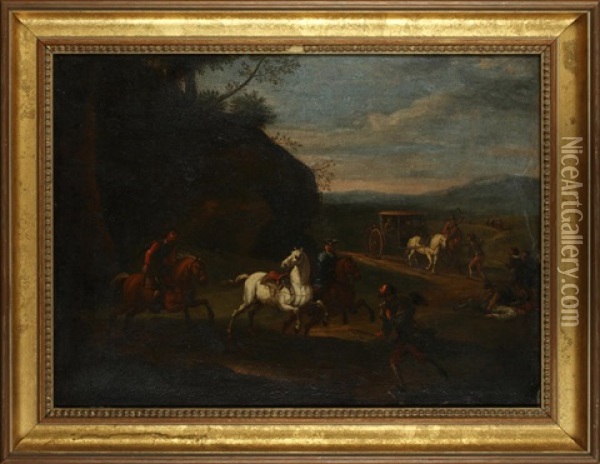 Bandits Attacking A Coach Party, On A Country Path Oil Painting - Pieter van Bloemen