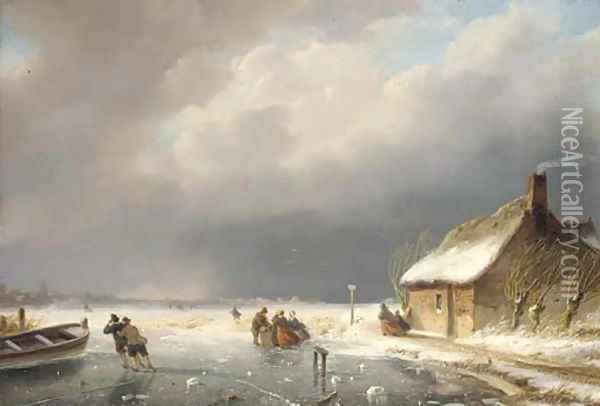 Skaters on a frozen river 2 Oil Painting - Nicholas Jan Roosenboom