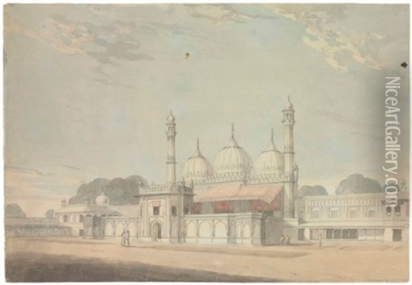 A View Of A Courtyard, Possibly The Moti Masjid, Agra, Showing Its Terraces And Two Flanking Minarets Oil Painting - William Daniell