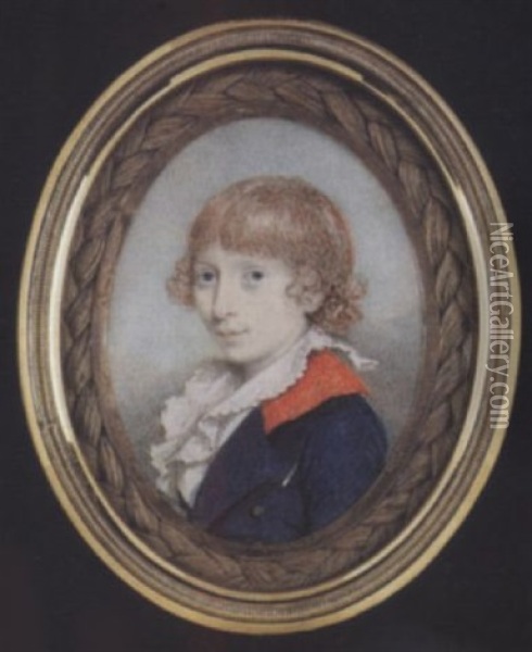 John Chester As A Boy, Wearing Blue Skeleton Suit With Red Collar, White Shirt With Wide, Frilled Collar, His Auburn Hair Worn Loose Oil Painting - Walter Robertson