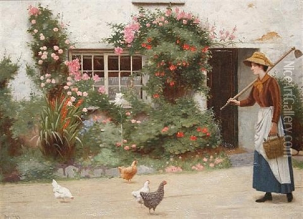 Summer Idyll - A Gardener And Chickens Outside A Cottage Oil Painting - Ralph Todd
