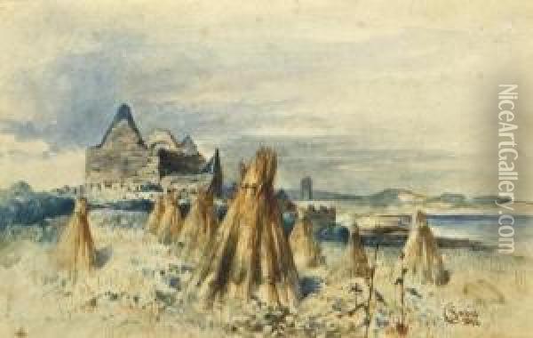 Haystacks Off The Coast Of Clare With Castle Ruins Oil Painting - Richard Staunton Cahill