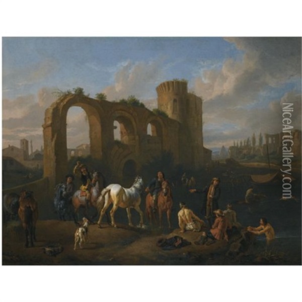 A Roman Landscape With Horsemen And Bathers At A Watering Hole, Architechtural Ruins Beyond Oil Painting - Pieter van Bloemen