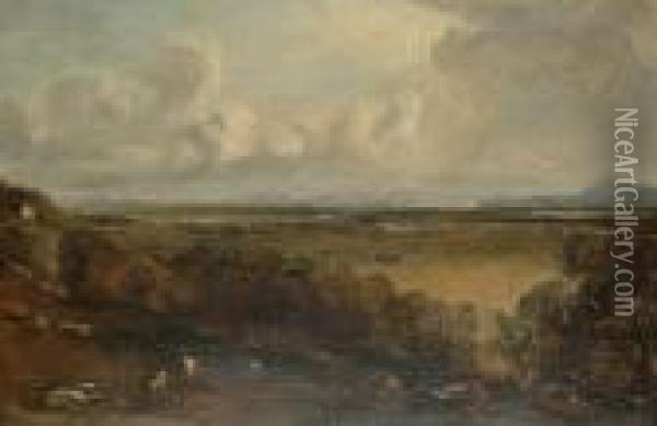 An Extensive Landscape With Cows
 And Sheep Grazing In The Foreground, A View To Mountains In The 
Distance Oil Painting - John Constable
