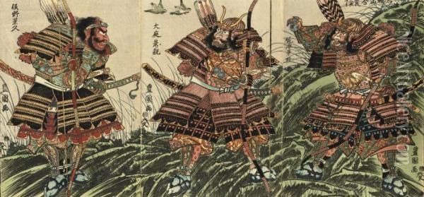 Triptych Showing A Scene Of The 
Battle Of Ishibashiyama (king, Japanese Warrior Prints, No. 92), 
Published Yamamotoya Heikichi, Circa 1810-1814; One Triptych By Toyokuni
 I; And Four Single Prints Of Warriors By Toyokuni (ii), Good 
Impression, Colo Oil Painting - Toyokuni