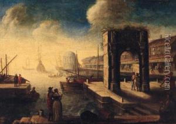 A Capriccio Of An Italianate Port With An Elegant Couple On Aquay Oil Painting - Hendrik van Minderhout
