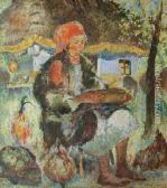 Kobieta Karmiaca Kury Oil Painting - Kazimierz Sichulski