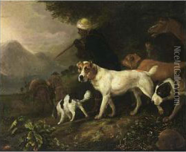 Huntsmen With A Servant, Horses And Hounds On A Path Oil Painting - Adriaen Cornelisz. Beeldemaker