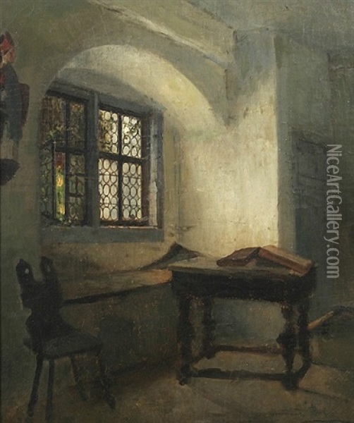 Klosterzimmer Mit Stuhl Und Holztisch, An Der Wand Eine Heiligenstatue Oil Painting - Julius Scholtz