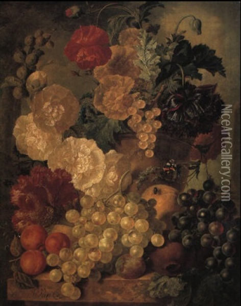 Hollyhocks And Other Flowers In A Terracotta Pot On A Marble Ledge Oil Painting - Jan van Os