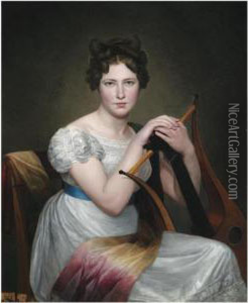 Portrait Of A Young Lady, Seated, In A White Dress, Holding Alyre Oil Painting - Adele Romanee Romany