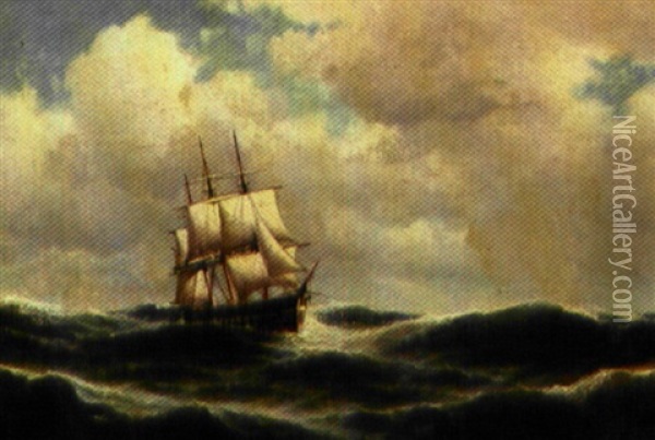 Marine Med Tremastet Skib I Hoj So Oil Painting - Carl Ludwig Bille