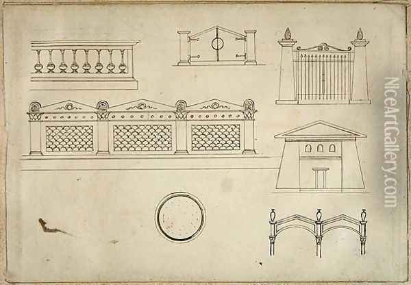 Designs for Gates Walls and Balustrade from Twenty one pen drawings of Decorative Details in Antique Style Oil Painting - Thomas Hope