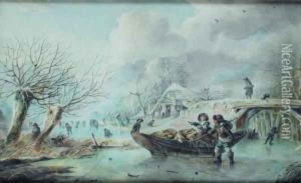 Winterlandschap Met Schaatsenrijders Oil Painting - Andries Vermeulen