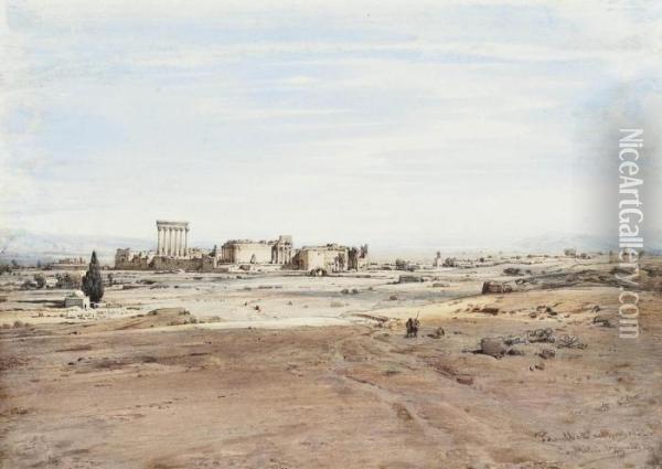 A View Of Baalbek In The Lebanon Oil Painting - Eduard Hildebrandt
