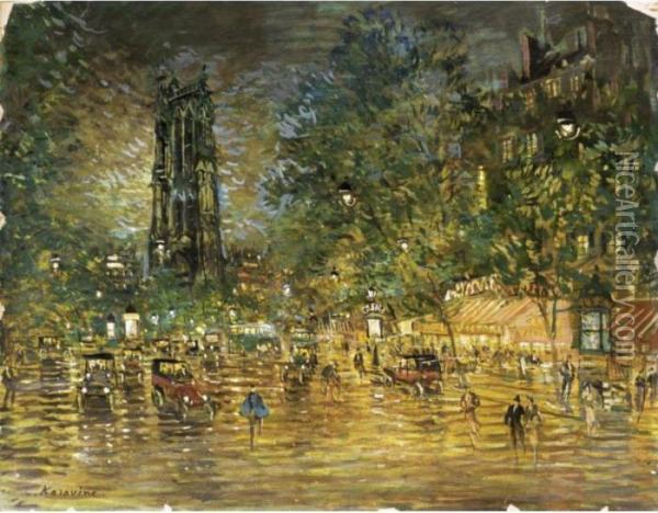 The Tour St. Jacques, Paris, By Night Oil Painting - Konstantin Alexeievitch Korovin