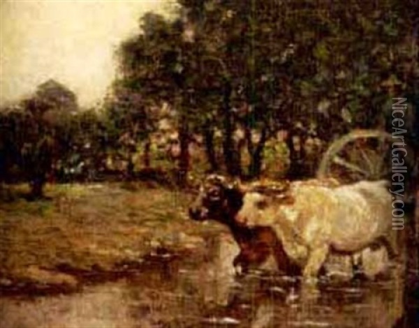 Ox Cart Fording A Stream Oil Painting - Fernand Maillaud