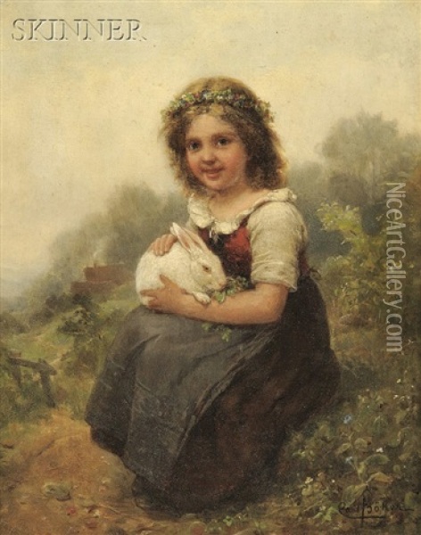Portrait Of A Young Girl Seated With A Rabbit Oil Painting - Karl Boeker