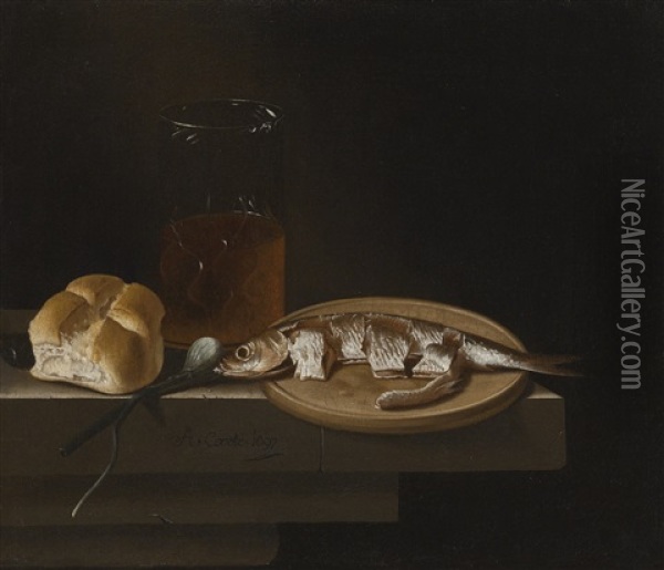 Still Life Of Herring On A Plate With A Bread Roll, A Glass Of Beer And An Onion Oil Painting - Adriaen Coorte