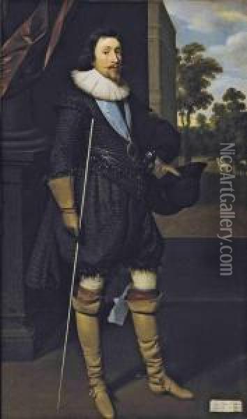 Portrait Of James Hamilton, 2nd Marquis Of Hamilton, K.g. (1589-1625), Full-length, In Black, Holding His Hat And The White Staff Of The Lord Steward Of The Household, Wearing The Ribbon Of The Garter, With A View Across A Terrace To A Landscape With Hors Oil Painting - Daniel Mytens