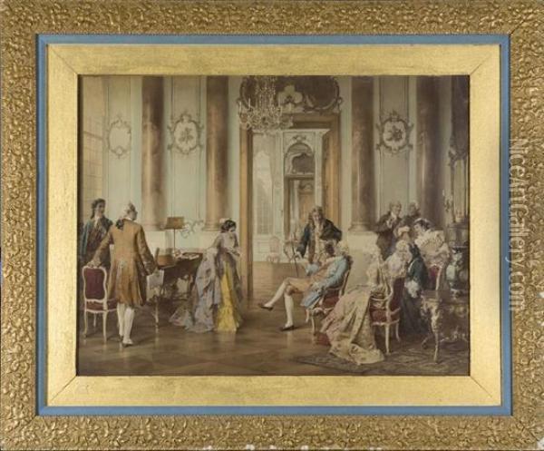 European Nobility, In A Well-furnished Room With Tall Windows And A Chandelier. Oil Painting - Otto Erdmann