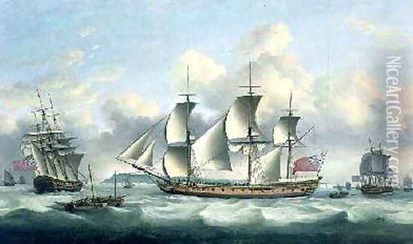 Three British frigates offshore 1782 Oil Painting - Thomas Luny