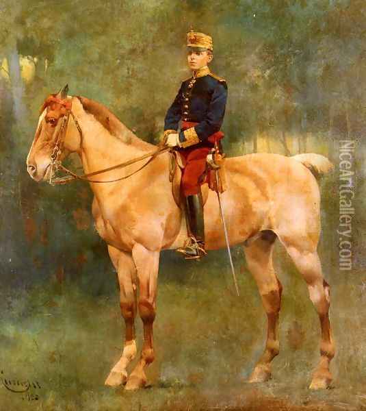 A Portrait Of Alfonso III On Horseback Oil Painting - Jose Cusachs y Cusachs