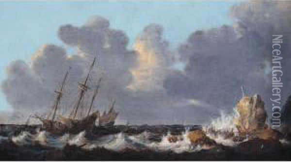 A Stormy Seascape With A Shipwreck Oil Painting - Simon De Vlieger