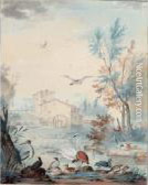 A) A Southern Landscape With A 
Peacock, A Monkey, Parrots, Hens And Chicks; B) A River Landscape With A
 Watermill, A Swan And Other Waterbirds In The Foreground Oil Painting - Aert Schouman