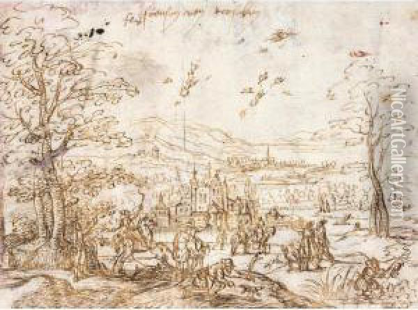 A Hunting Party In A Wooded Landscape Oil Painting - Jan Van Leyden