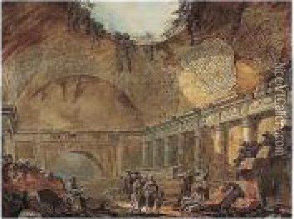 Figures In A Ruined Temple Oil Painting - Charles Louis Clerisseau