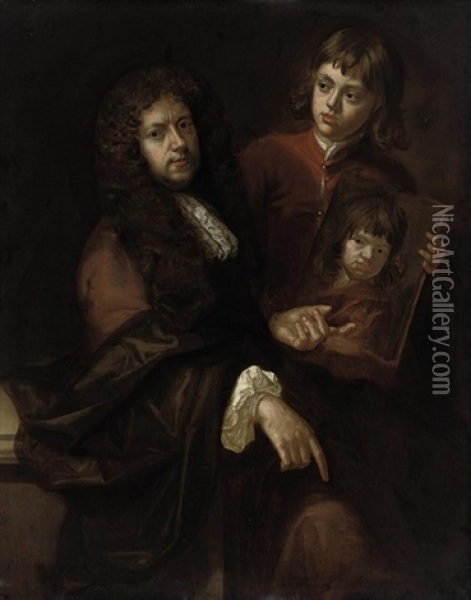 Portrait Of A Gentleman And A Young Boy, The Artist's Husband Charles Beale (?) And One Of Their Sons Oil Painting - Mary Beale
