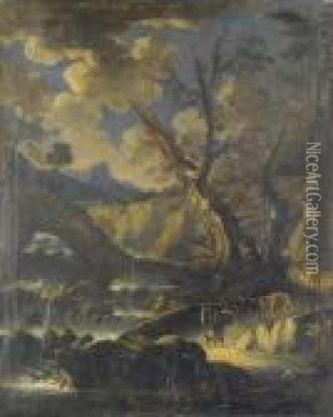 Paesaggio Fluviale Con Viandanti; E Paesaggio Fluviale Con Ponte Ecastello In Lontananza Oil Painting - Pieter the Younger Mulier